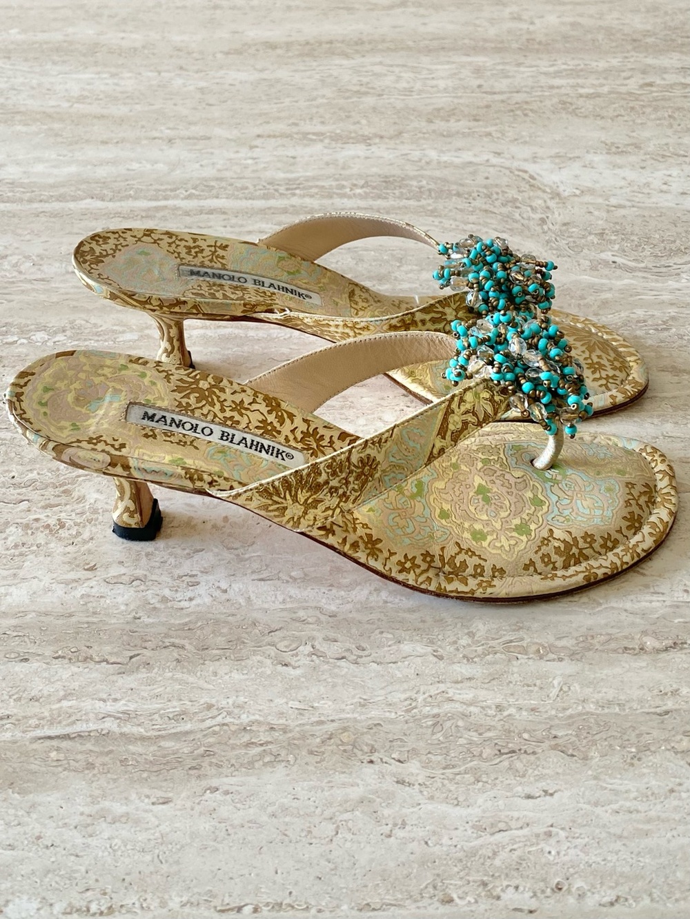 Vintage Manolo Blahnik Brocade Beaded Thong Sandal Heels - Picture 3 of 8